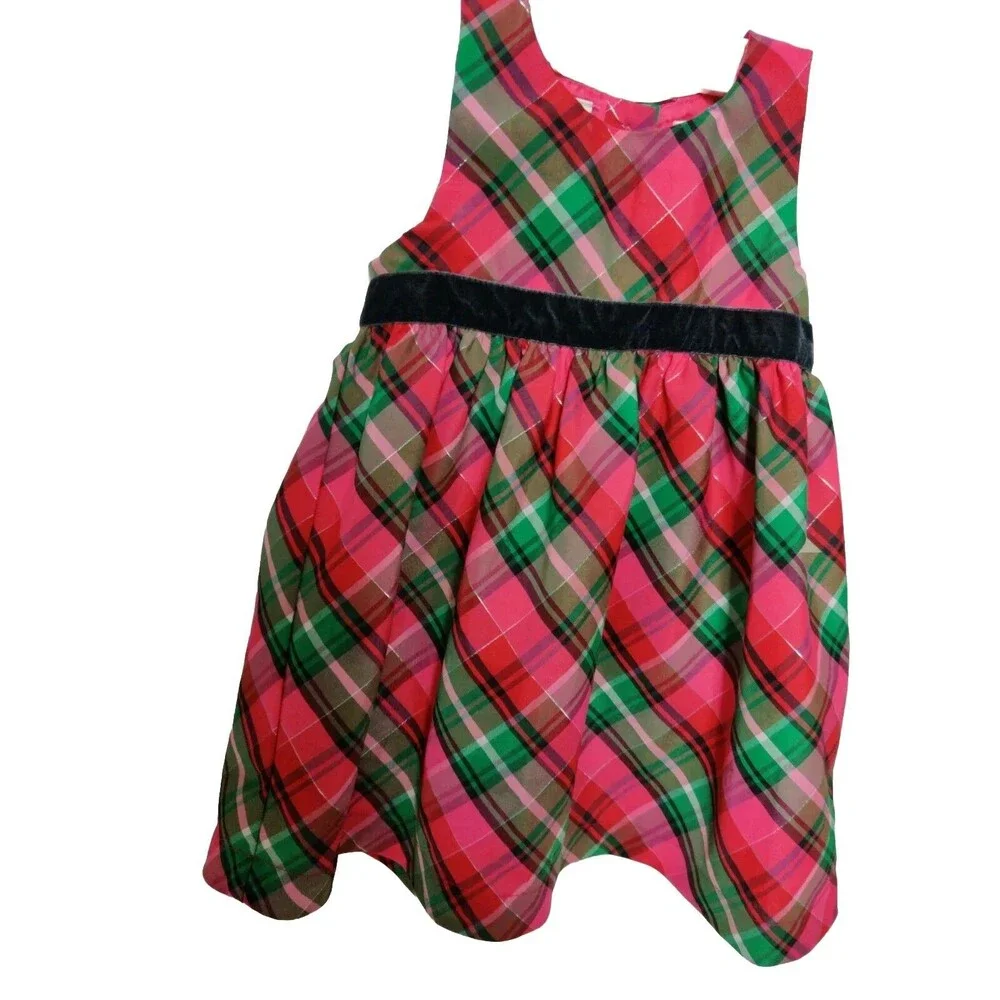 Girls Osh Kosh Red,Green pink plaid sleeveless crinoline twirly dress sz 18 mo